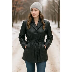 Colebrook SZ M 90's Y2K Genuine Leather Jacket Tie Waist Black